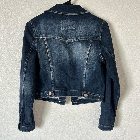 Vanity Dark Blue Distressed Denim Cropped Button Up Small Jean Jacket for Women - Picture 2 of 10